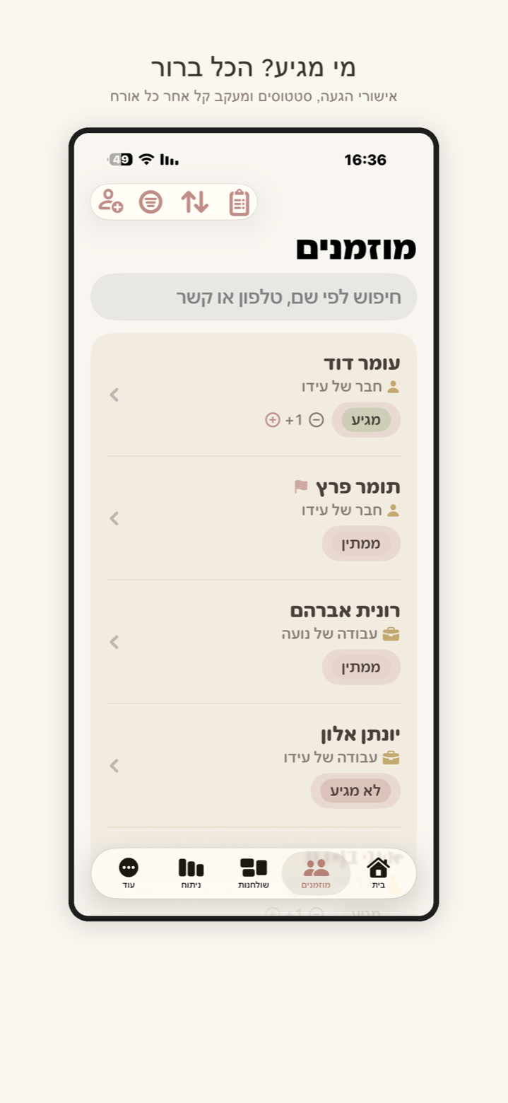 מסך המוזמנים — רשימת אורחים עם סטטוס הגעה לכל אורח